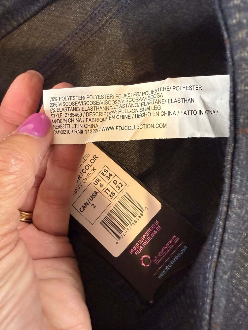 FDJ French Dressing Jeans Pull-On Slim Leg Pants Size 2 Navy Check Workwear Heri - Picture 9 of 10